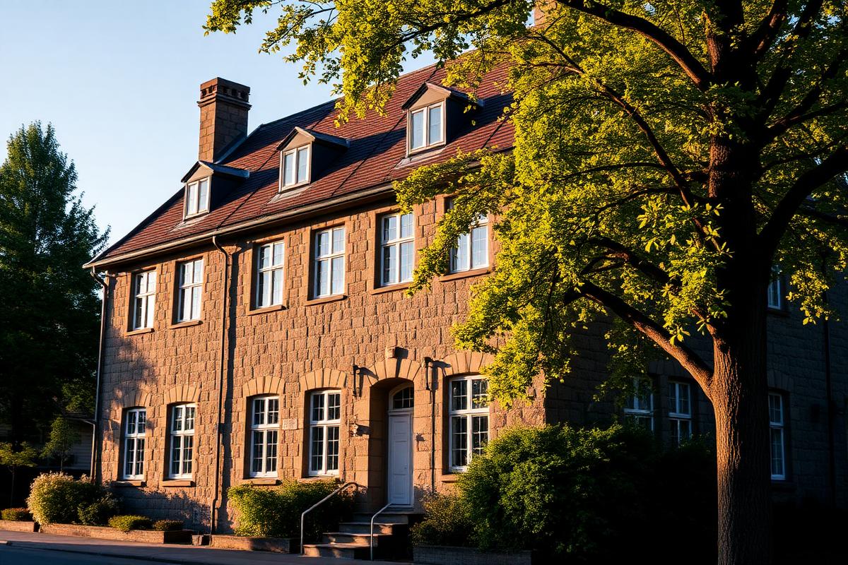 Historic stone building in central Lund surrounded by trees